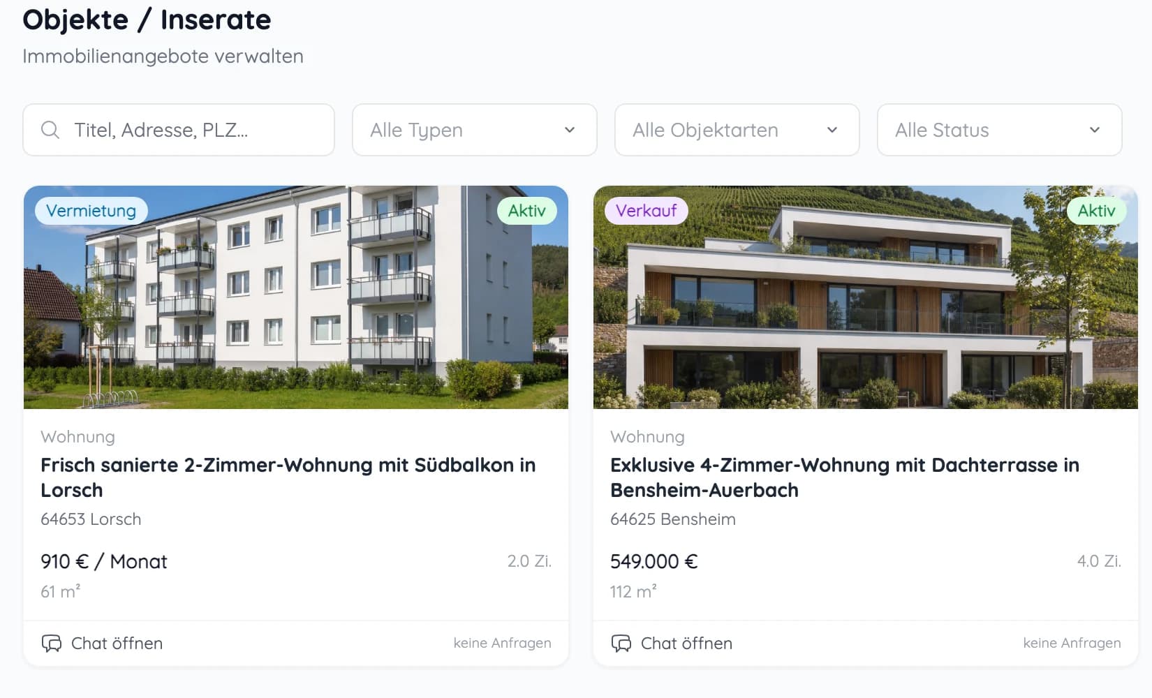 heytalo Makler: Inserate mit Foto, Preis, Fläche und Status – Vermietung und Verkauf