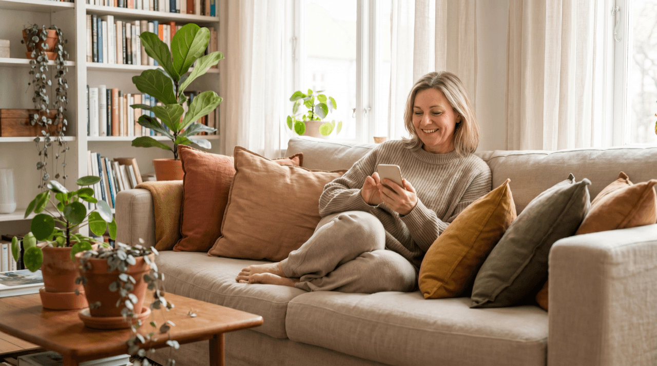 Zufriedene Bewohnerin nutzt entspannt das Smartphone im hellen Wohnzimmer