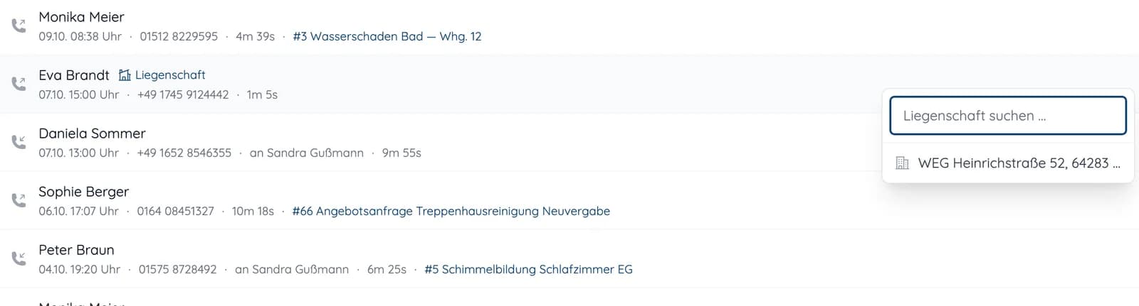 Anrufliste in heytalo mit geöffneter Liegenschaftssuche an einem Anruf
