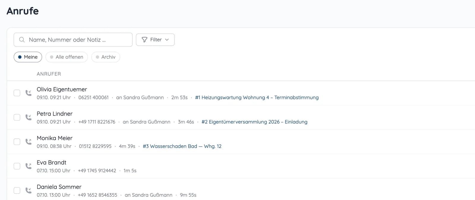 Anrufliste in heytalo mit Anrufern, Uhrzeit, Nummer, Gesprächsdauer und verknüpftem Vorgang
