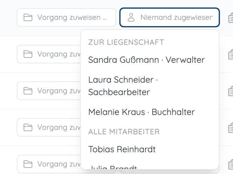 Auswahl der Zuständigkeit für einen Anruf, oben die für die Liegenschaft zuständigen Mitarbeiter