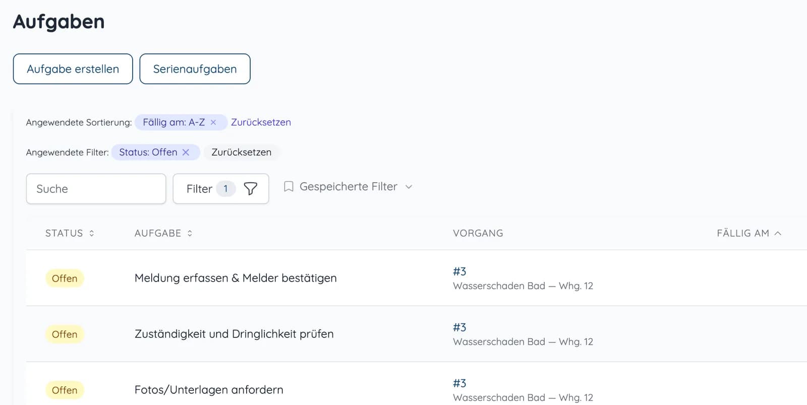 Aufgabenliste mit offenen Arbeitsschritten und dem jeweils zugehörigen Vorgang