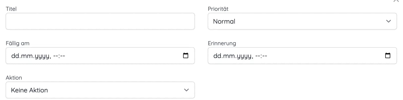 Neue Aufgabe mit Feldern für Titel, Priorität, Fällig am, Erinnerung und Aktion