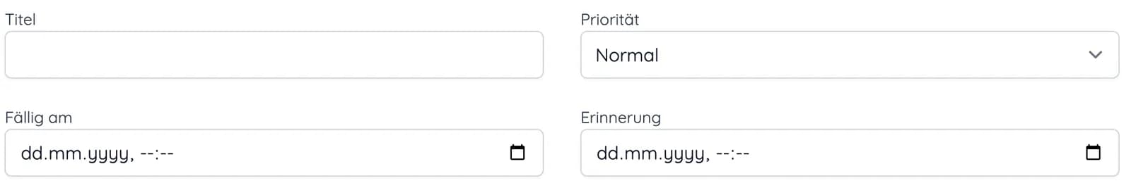Neue Aufgabe mit Feldern für Titel, Priorität, Fälligkeitsdatum und Erinnerung