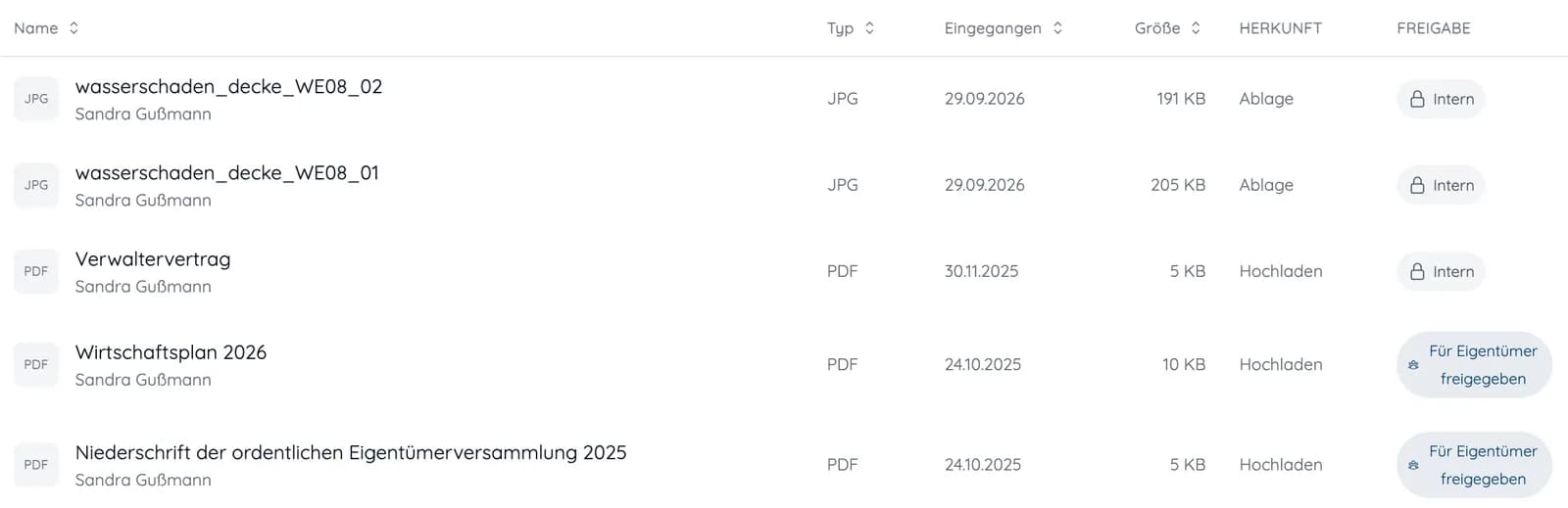 Dokumentenliste einer Liegenschaft mit dem Status „Intern“ oder „Für Eigentümer freigegeben“
