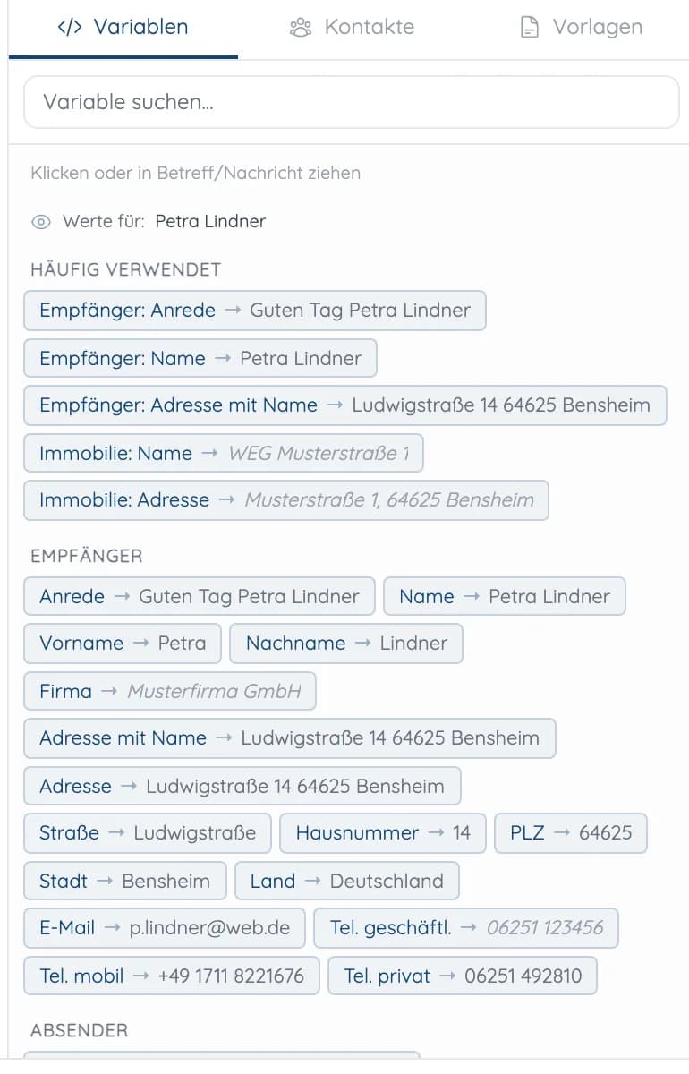 Variablen beim Schreiben einer Nachricht: Anrede, Name, Adresse und Telefonnummern des Empfängers zum Einfügen