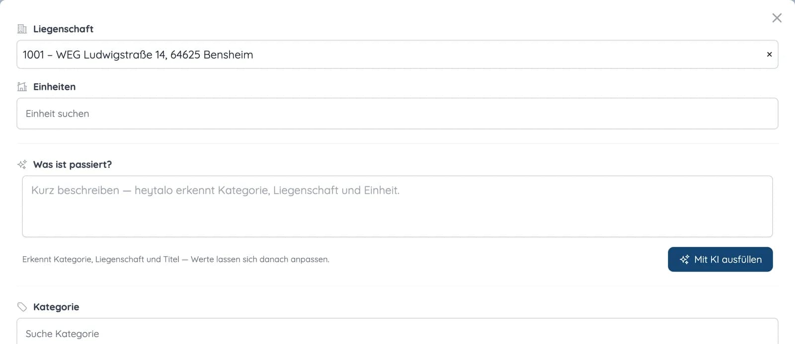 Formular für einen neuen Vorgang mit KI-Vorschlag, Kategorie, Mitarbeitern und Dienstleistern