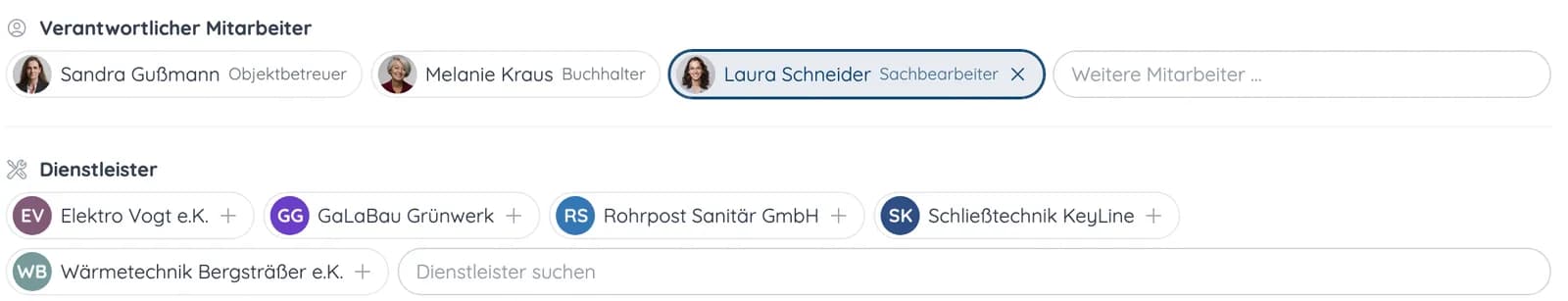 Auswahl von verantwortlichen Mitarbeitern und Dienstleistern wie Elektro, Sanitär und Schließtechnik in einem Vorgang