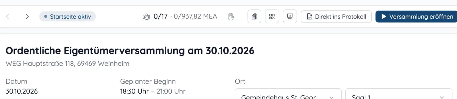 Versammlungsleitung in heytalo mit Zähler für Anwesende nach Köpfen und MEA und dem Knopf „Versammlung eröffnen“