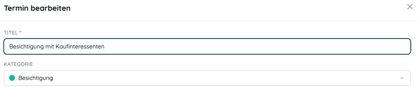 Termin bearbeiten im heytalo-Kalender mit Titel „Besichtigung mit Kaufinteressenten“ und Kategorie Besichtigung