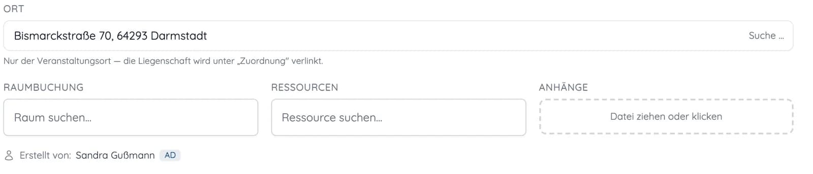 Termin mit Ort, Raumbuchung, Ressourcen und Anhängen