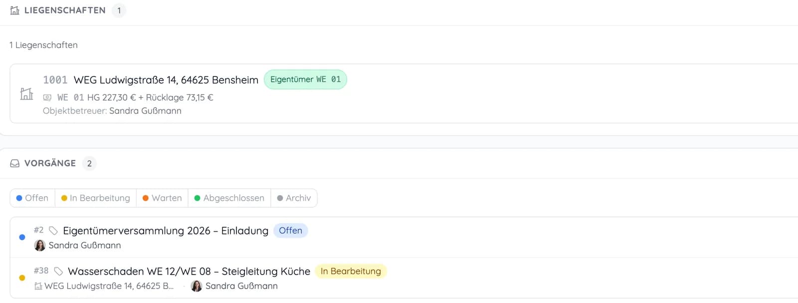 Kontakt eines Eigentümers mit zugeordneter Liegenschaft und zwei laufenden Vorgängen