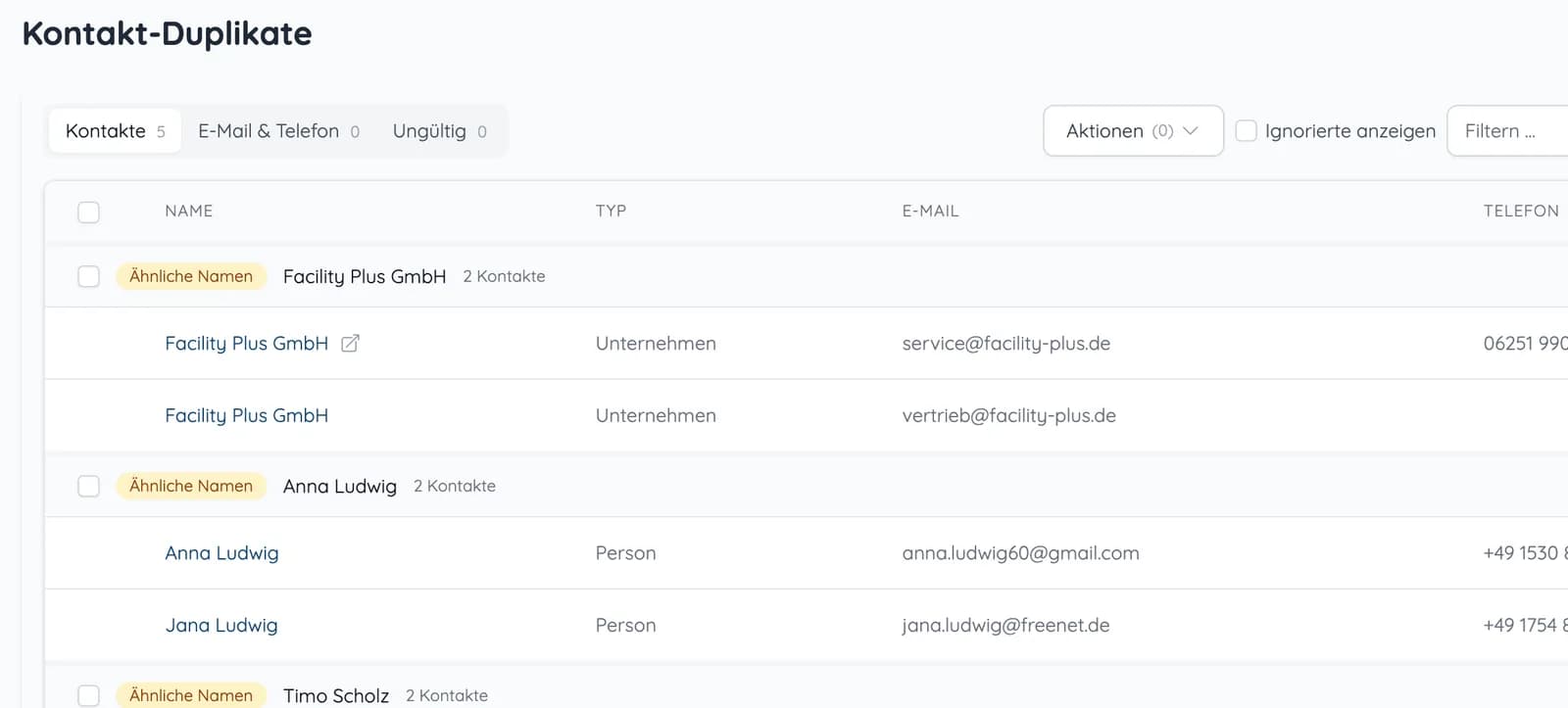 Übersicht „Kontakt-Duplikate“ mit Gruppen ähnlicher Namen, E-Mail-Adressen und Telefonnummern
