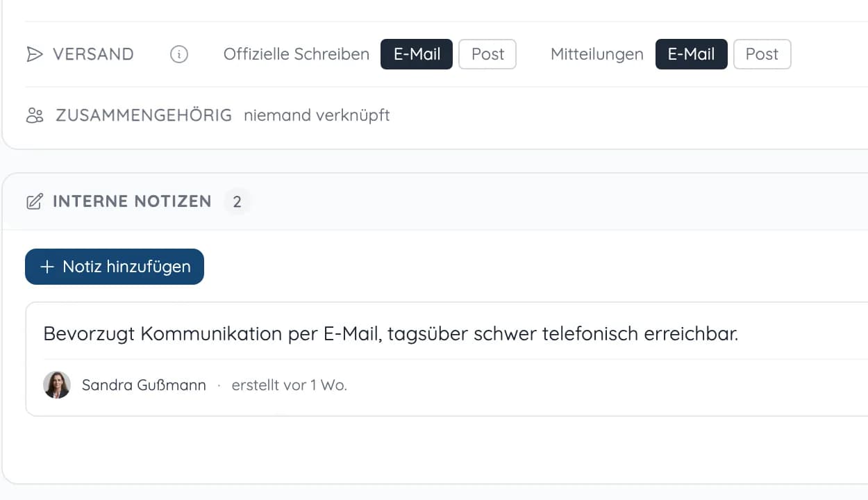Kontakt mit Versandeinstellung E-Mail oder Post und interner Notiz zur bevorzugten Kommunikation