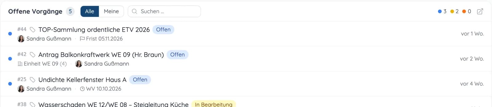 Offene Vorgänge einer Liegenschaft mit Status, Frist und Wiedervorlage