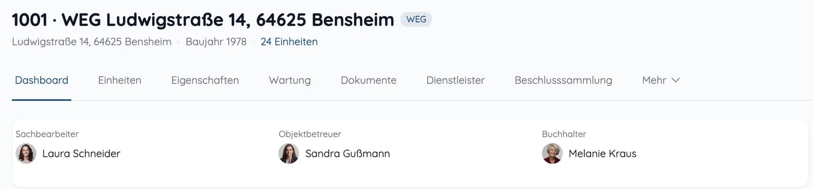 Übersicht einer WEG in heytalo mit Reitern für Einheiten, Wartung, Dokumente, Dienstleister und Beschlusssammlung sowie den Zuständigen