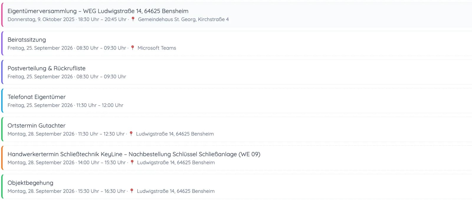 Termine einer Liegenschaft in Bensheim: Eigentümerversammlung, Beiratssitzung, Ortstermin, Handwerkertermin und Objektbegehung