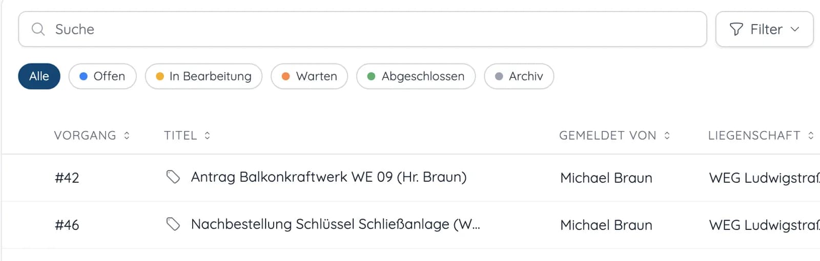 Vorgangsliste im Eigentümerportal mit Statusfiltern Offen, In Bearbeitung, Warten und Abgeschlossen