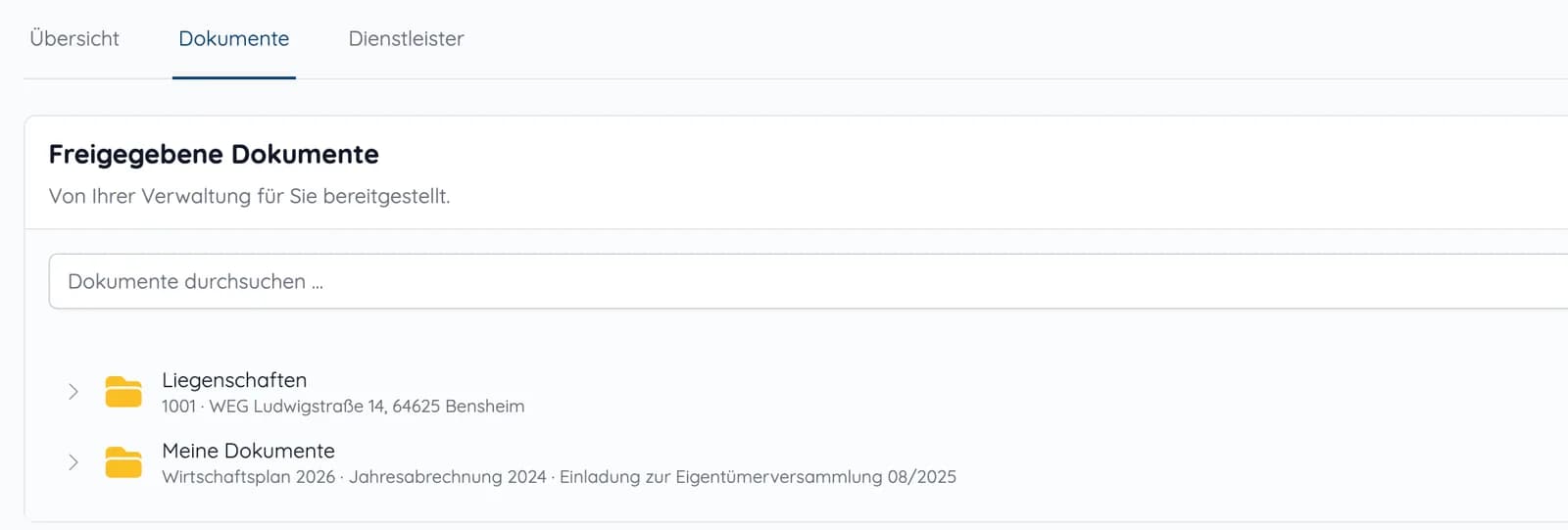 Freigegebene Dokumente im Portal mit Ordnern für die Liegenschaft und eigene Dokumente wie Wirtschaftsplan und Jahresabrechnung
