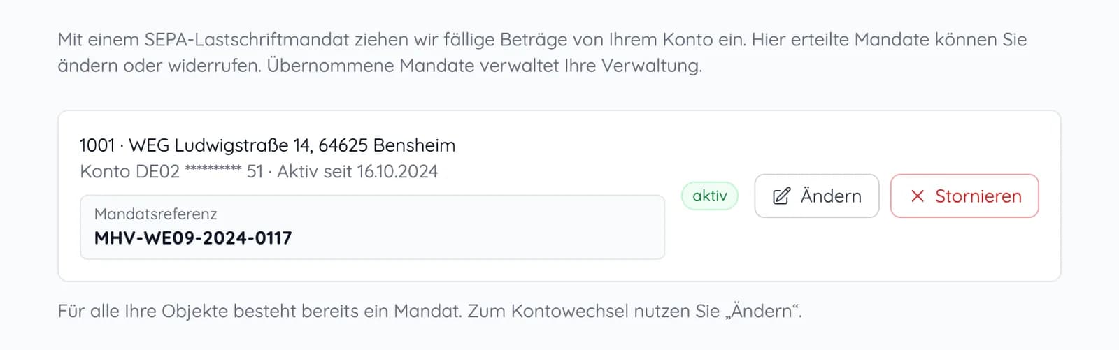 SEPA-Mandat im Portal mit Liegenschaft, Konto, Mandatsreferenz und Knöpfen zum Ändern und Stornieren