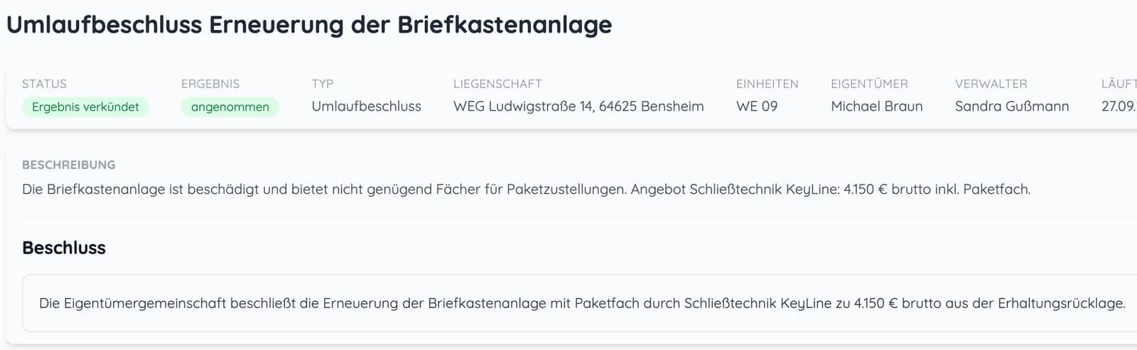 Umlaufbeschluss im Eigentümerportal mit Status „Ergebnis verkündet“, Ergebnis „angenommen“, Beschreibung und Beschlusstext