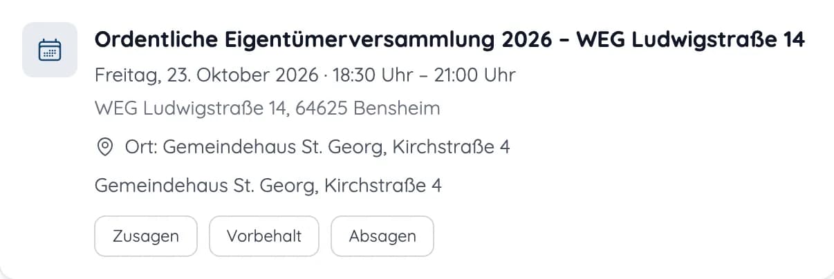 Versammlungstermin im Eigentümerportal mit Datum, Ort und Knöpfen Zusagen, Vorbehalt und Absagen