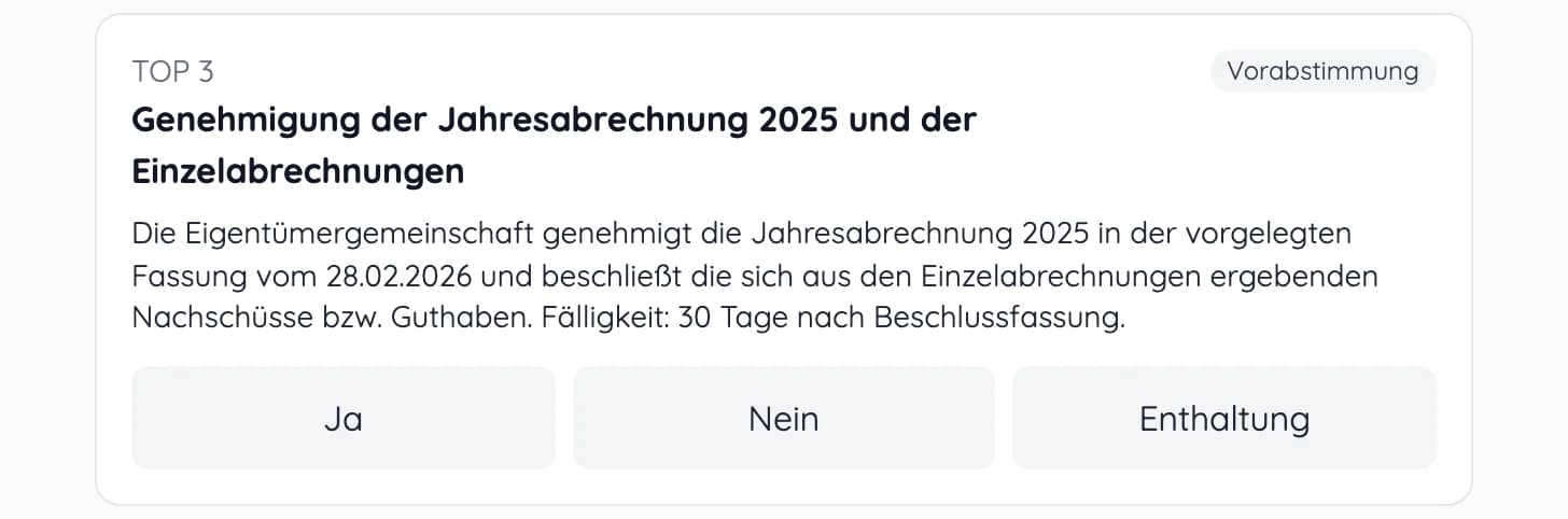 Tagesordnungspunkt im Eigentümerportal mit Beschlussvorschlag zur Jahresabrechnung und den Antworten Ja, Nein und Enthaltung