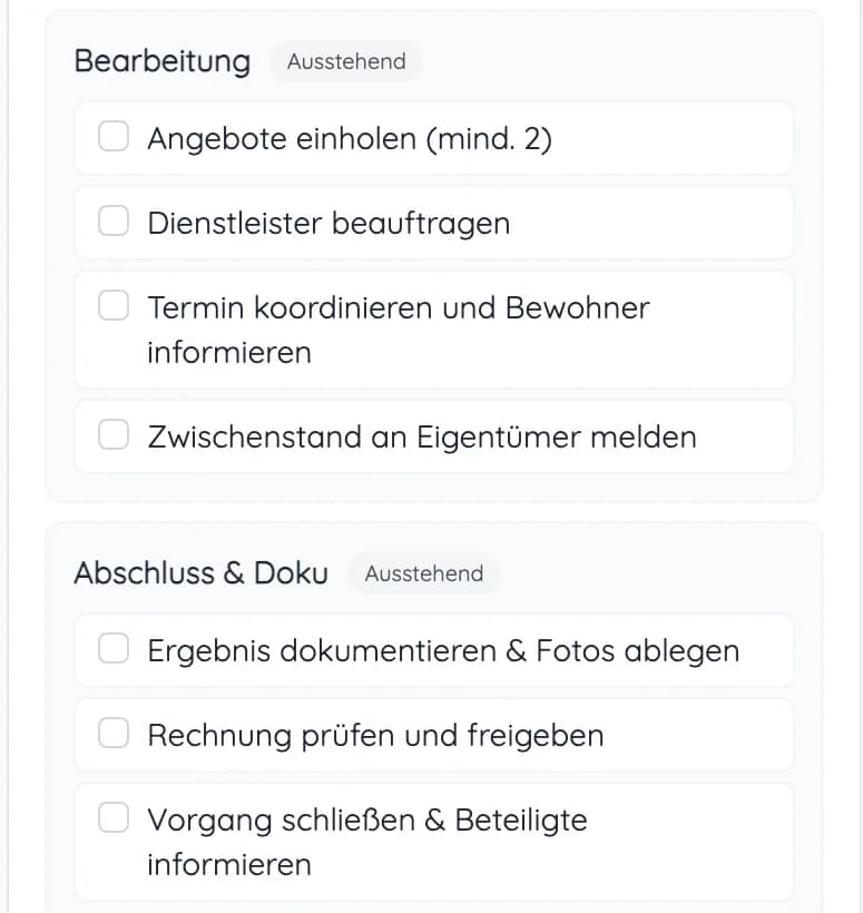 Phasen eines Vorgangs mit Aufgaben wie Dienstleister beauftragen, Zwischenstand an Eigentümer melden und Vorgang schließen & Beteiligte informieren