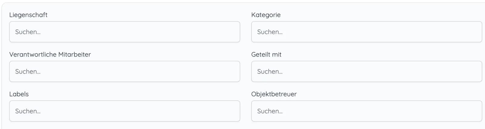 Filter der Vorgangsliste mit Feldern für Liegenschaft, Kategorie, verantwortliche Mitarbeiter und Objektbetreuer