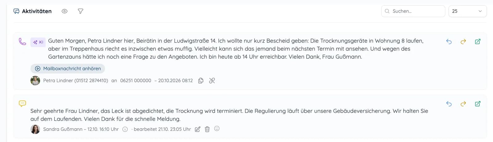 Vorgang in heytalo mit verschriftlichter Sprachnachricht und Antwort im Verlauf