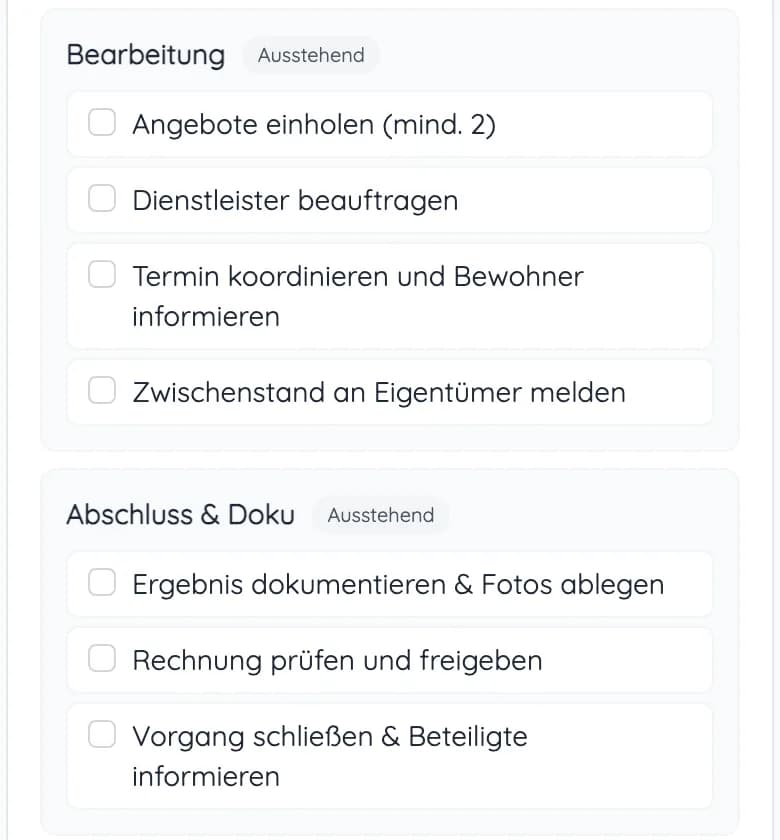 Phasen Bearbeitung und Abschluss mit Aufgaben wie Dienstleister beauftragen, Zwischenstand melden und Rechnung prüfen