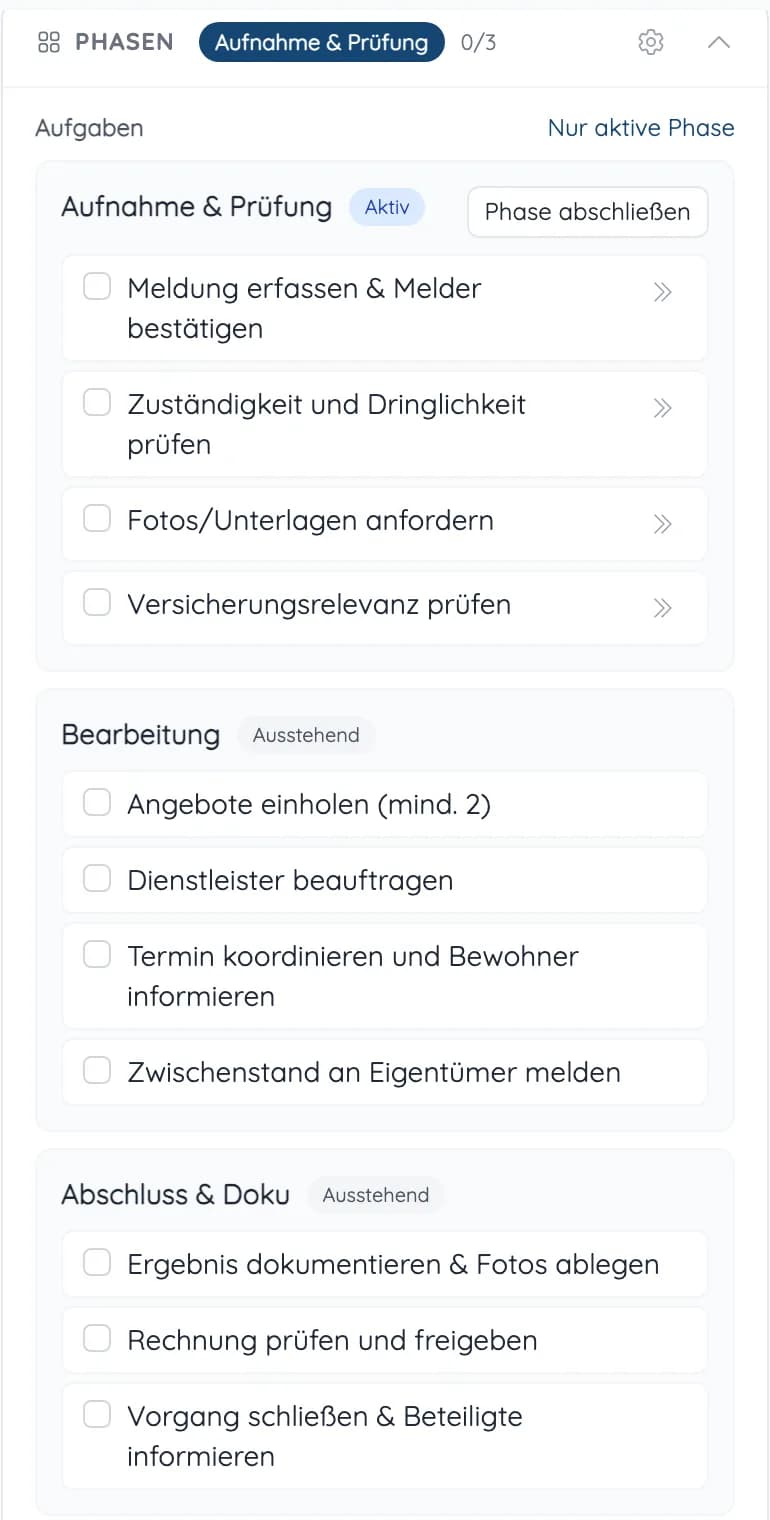 Phasen eines Vorgangs mit Aufgaben wie Angebote einholen, Dienstleister beauftragen, Termin koordinieren und Rechnung prüfen