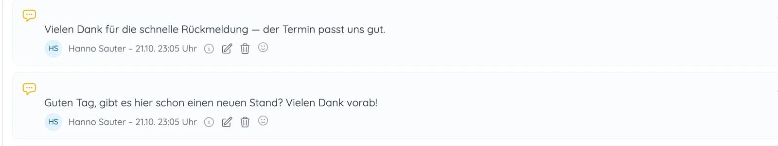Verlauf eines Vorgangs mit zwei Portal-Nachrichten eines Eigentümers, darunter die Frage nach einem neuen Stand