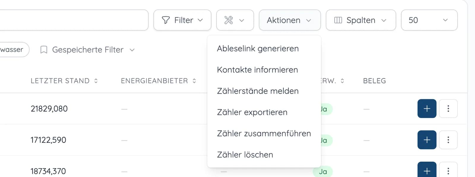 Zählerliste in heytalo mit geöffnetem Menü: Ableselink generieren, Kontakte informieren, Zähler exportieren