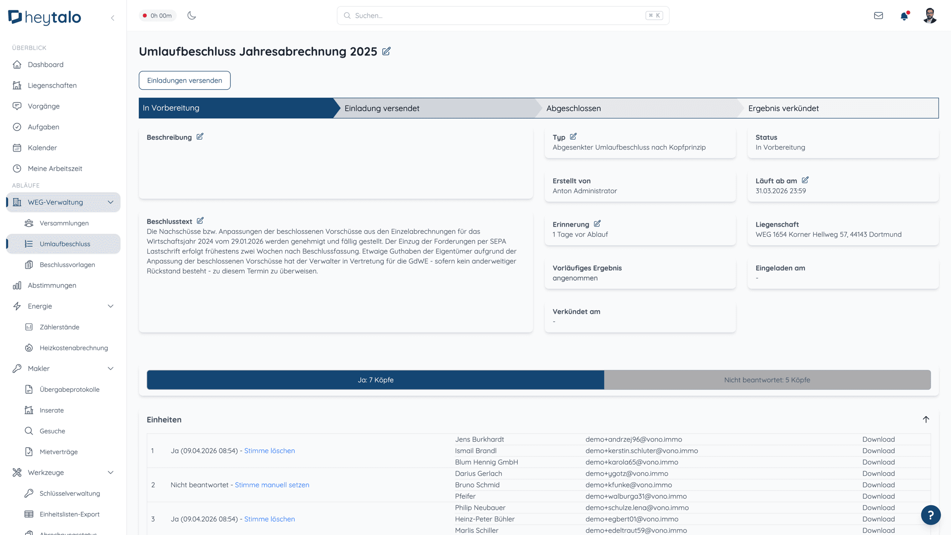 heytalo Umlaufbeschluss mit Status, digitaler Abstimmung und Beteiligtenliste