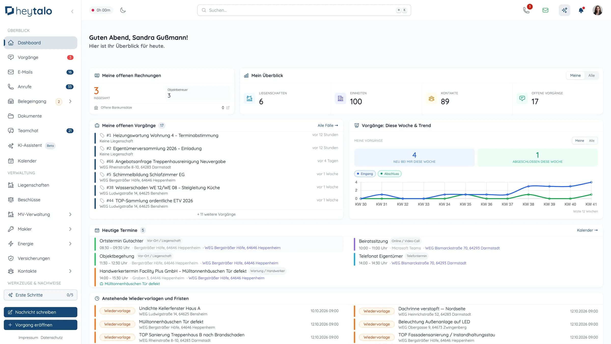 heytalo Dashboard – offene Vorgänge, Wochentrend, heutige Termine, Wiedervorlagen und Fristen