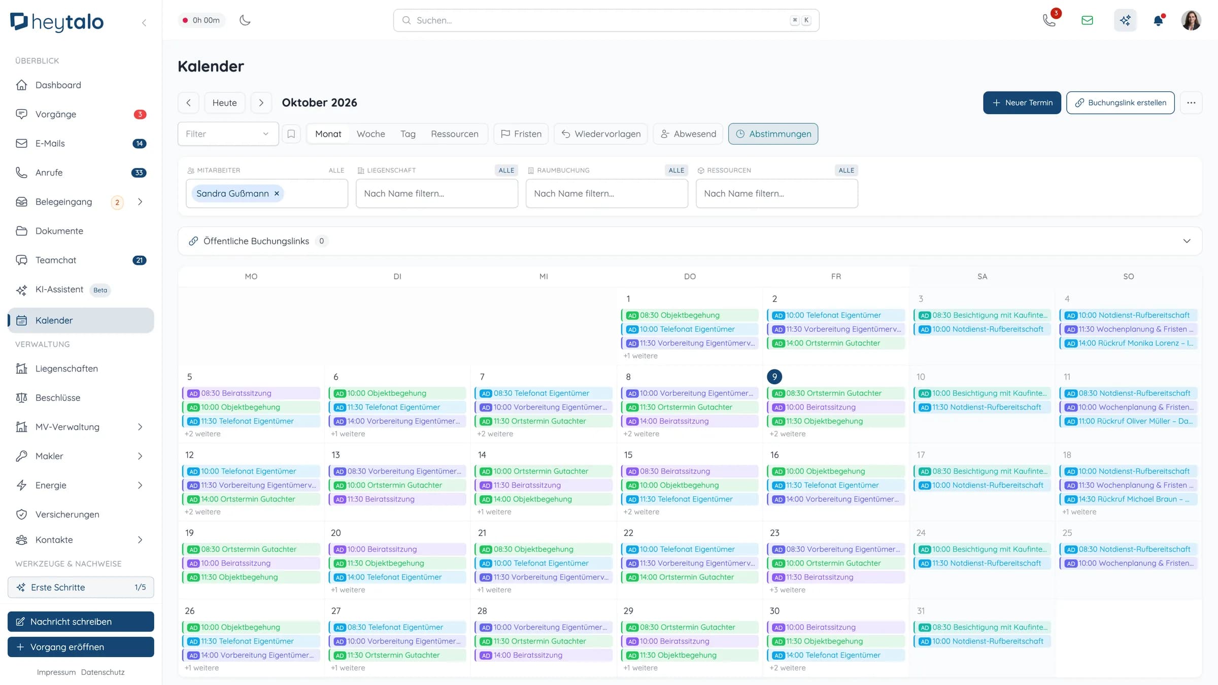 heytalo Kalender – Termine im Team mit Filtern nach Mitarbeiter und Liegenschaft, Fristen und Buchungslinks