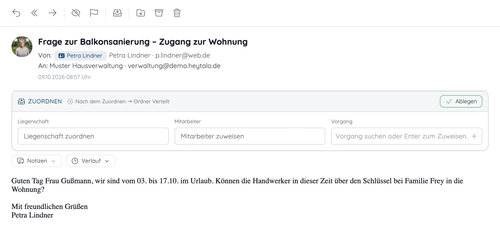 E-Mail in heytalo: Mit einem Klick Liegenschaft, Mitarbeiter und Vorgang zuordnen
