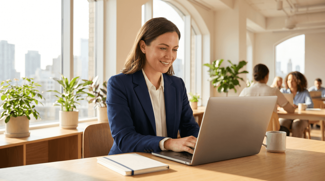 Hausverwalterin arbeitet konzentriert am Laptop in einem hellen, modernen Büro