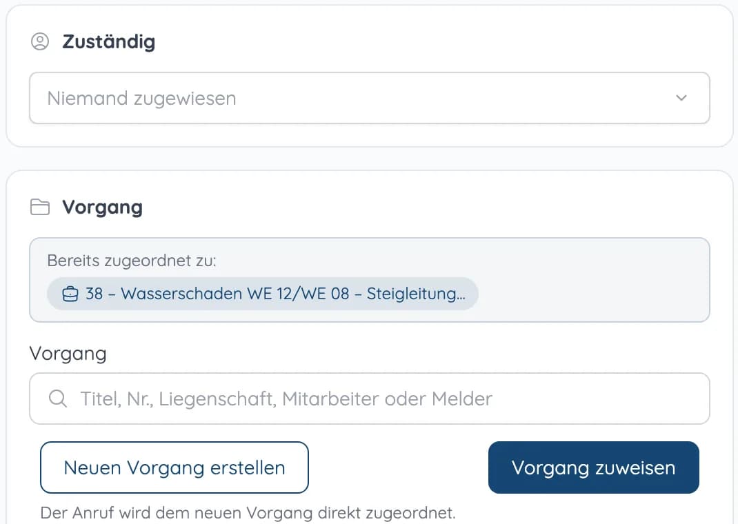 Anrufdetails mit Feld „Zuständig“, bereits zugeordnetem Vorgang und Knöpfen „Neuen Vorgang erstellen“ und „Vorgang zuweisen“