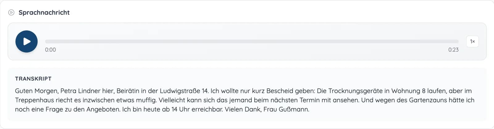 Sprachnachricht mit Abspielleiste und Transkript des Anrufs
