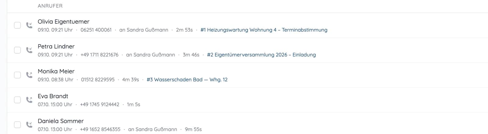Anrufliste in heytalo mit Anrufer, Uhrzeit, Nummer, Gesprächsdauer und verknüpftem Vorgang