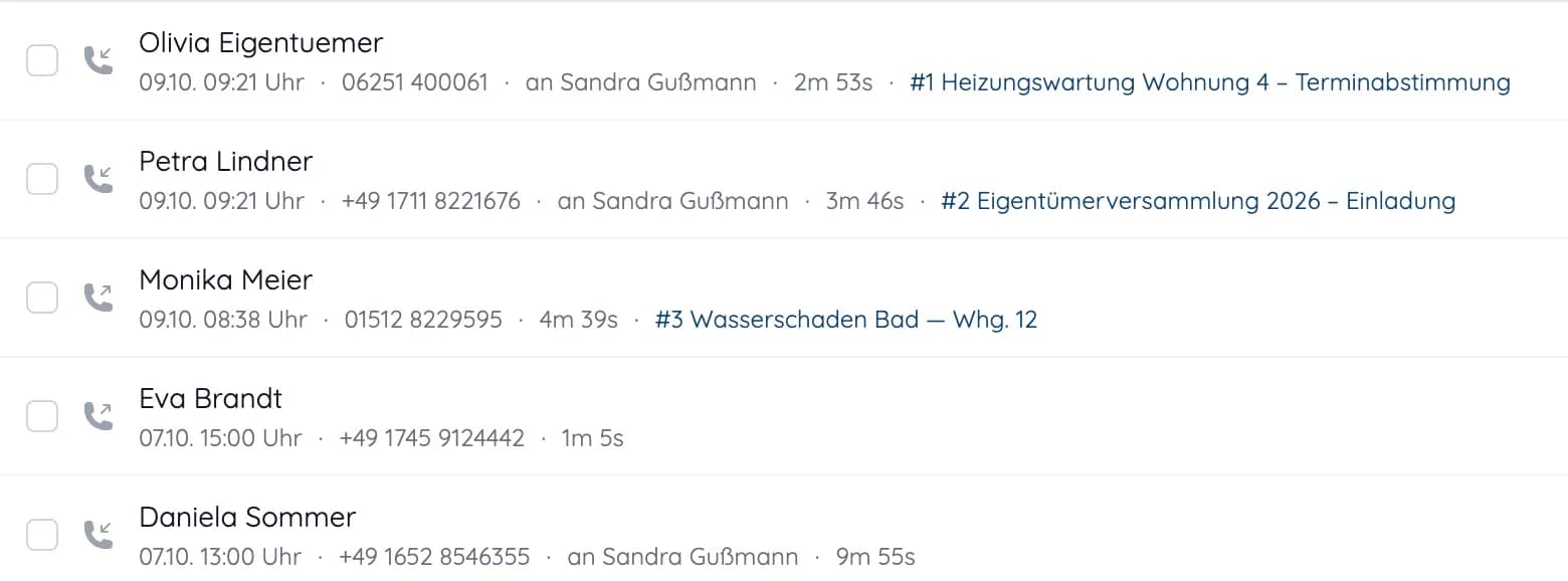 Anrufliste mit Anrufern, Zeitpunkt, Dauer und verknüpftem Vorgang