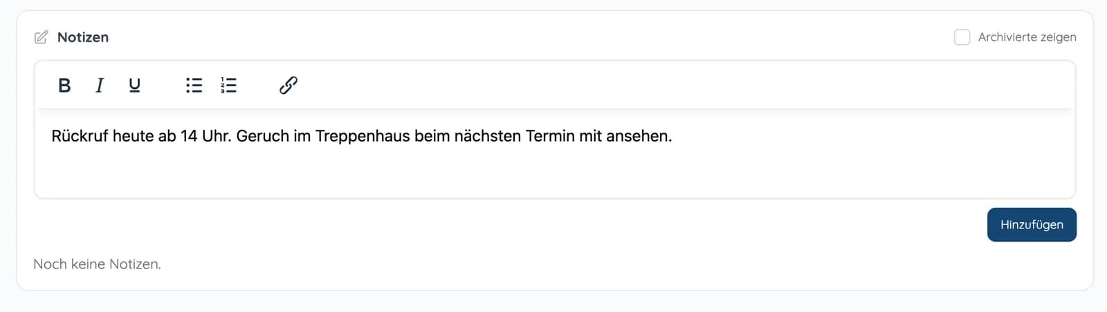Notizfeld an einem Anruf mit dem Eintrag „Rückruf heute ab 14 Uhr“