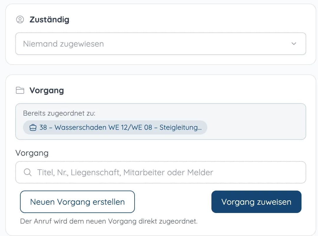 Anrufdetails in heytalo: Feld „Zuständig“, bereits zugeordneter Vorgang und Knöpfe „Neuen Vorgang erstellen“ und „Vorgang zuweisen“