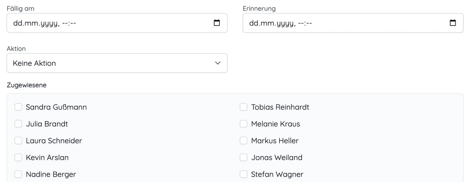 Aufgabe anlegen mit Fälligkeit, Erinnerung, Aktion und Auswahl der zugewiesenen Mitarbeiter