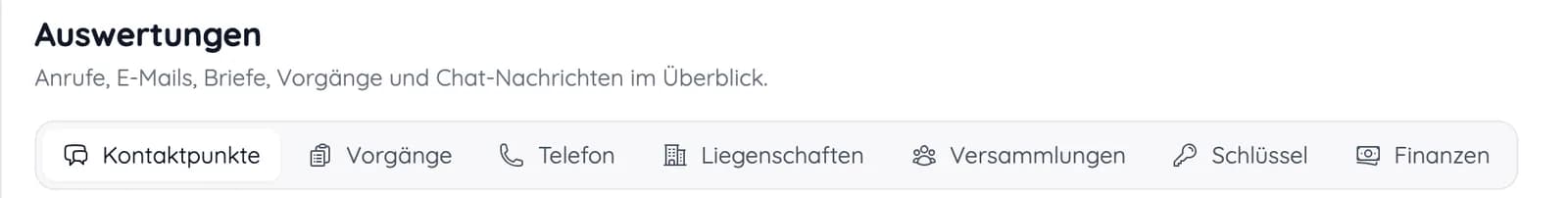 Kopf der Auswertungen mit Reitern für Kontaktpunkte, Vorgänge, Telefon, Liegenschaften, Versammlungen und Schlüssel
