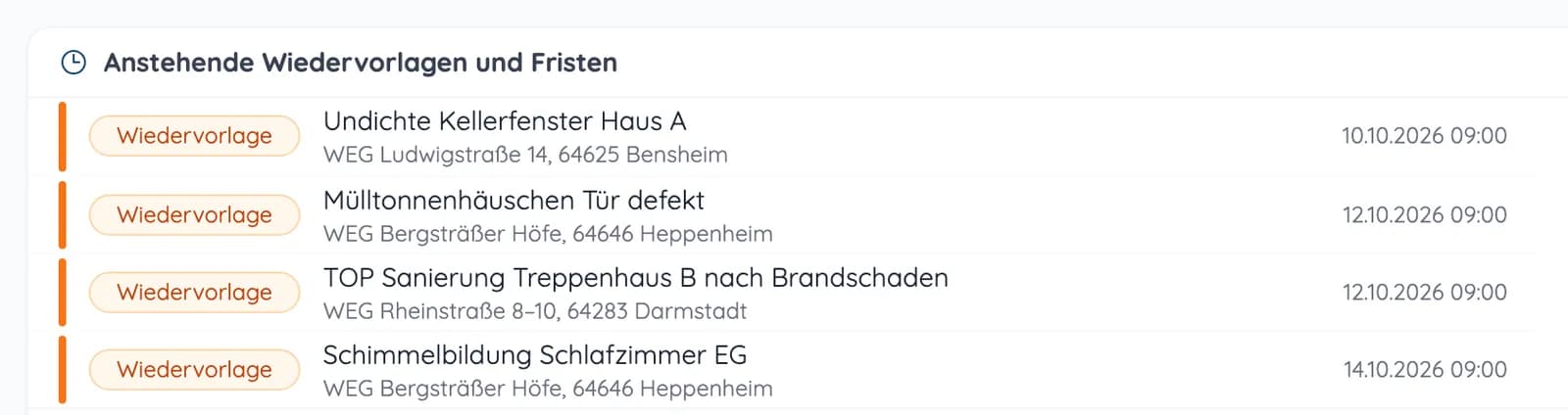 Bereich „Anstehende Wiedervorlagen und Fristen“ mit Vorgängen, Liegenschaften und Terminen