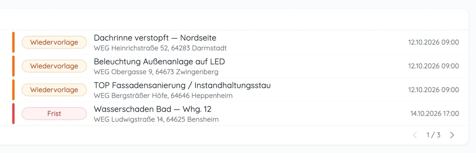 Liste anstehender Wiedervorlagen und Fristen mit Objekt und Fälligkeitsdatum