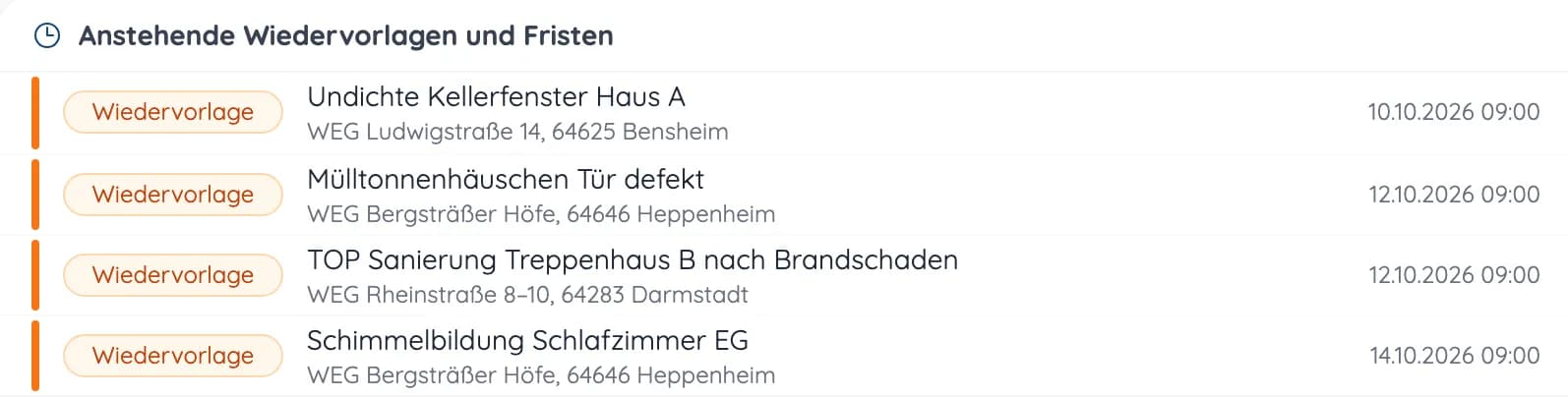 Übersicht „Anstehende Wiedervorlagen und Fristen“ mit Vorgängen, Liegenschaft und Fälligkeit